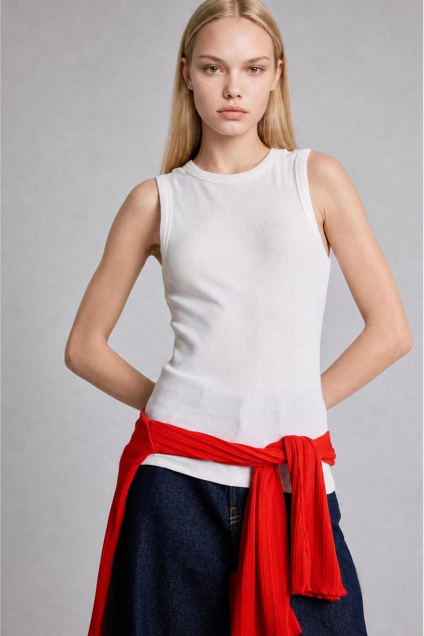 Woman Ecru Slim Fit Basic Crew Neck Ribbed Top