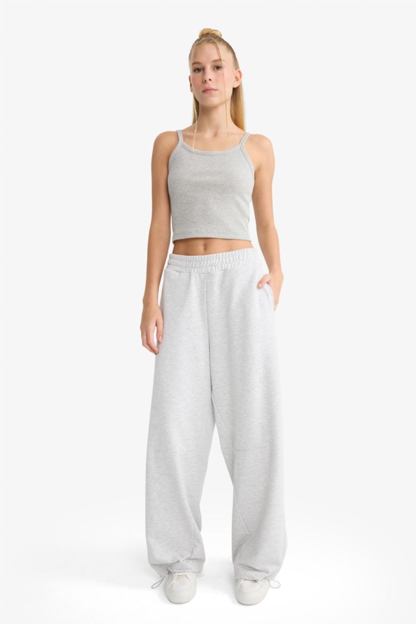 FEMME Gris Pantalon de survêtement large à taille élastique Coupe barrel