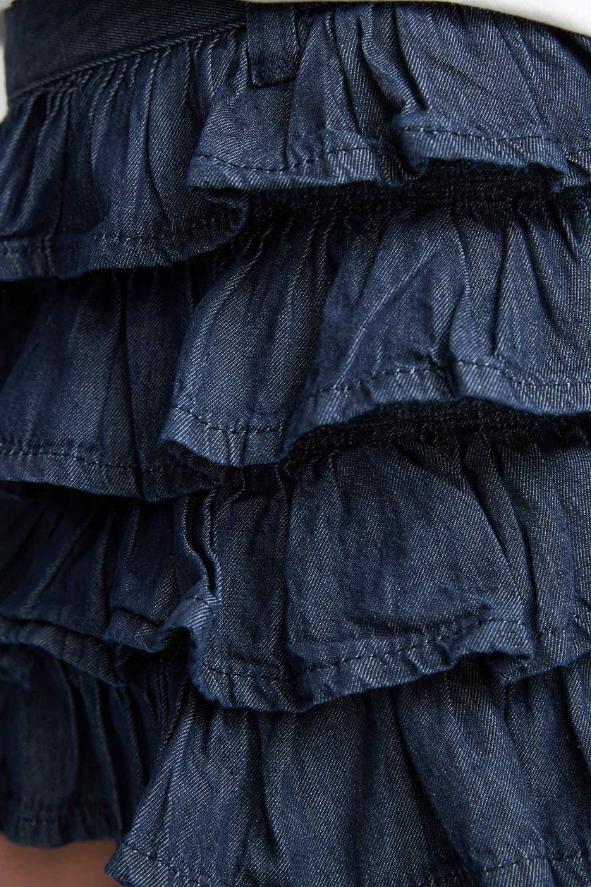 Kız Çocuk - Genç Kız Koyu Mavi Beli Lastikli Katlı Jean Etek Kız Çocuk