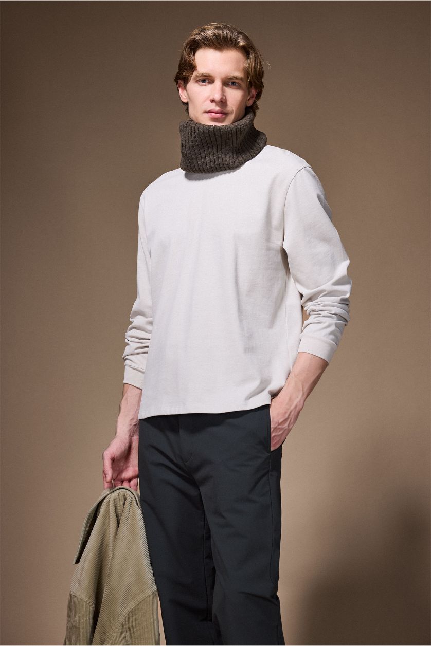 رجالي اللون الحجري بدي بيزك سادة قطن كم طويل