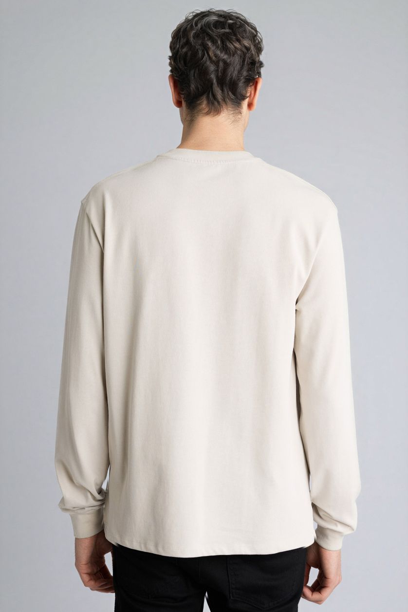 رجالي اللون الحجري بدي بيزك سادة قطن كم طويل