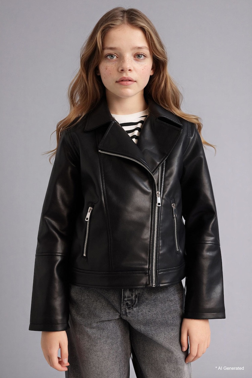 GIRLS & TEENS Black جاكيت جلد صناعي جلد صناعي بايكر