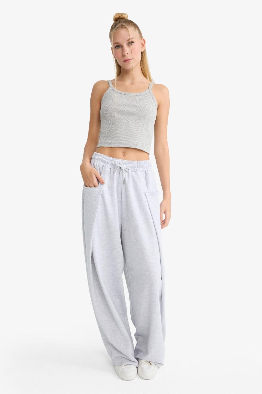 Kadın Gri Melanj Coool Barrel Fit Beli Bağcıklı Geniş Paça Eşofman Altı