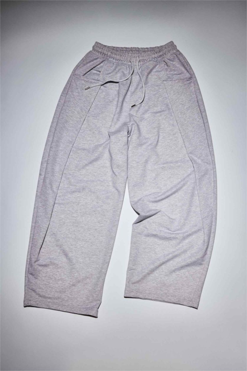 Kadın Gri Melanj Coool Barrel Fit Beli Bağcıklı Geniş Paça Eşofman Altı