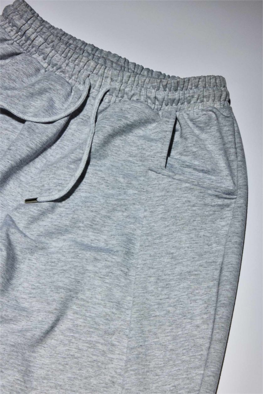 Kadın Gri Melanj Coool Barrel Fit Beli Bağcıklı Geniş Paça Eşofman Altı