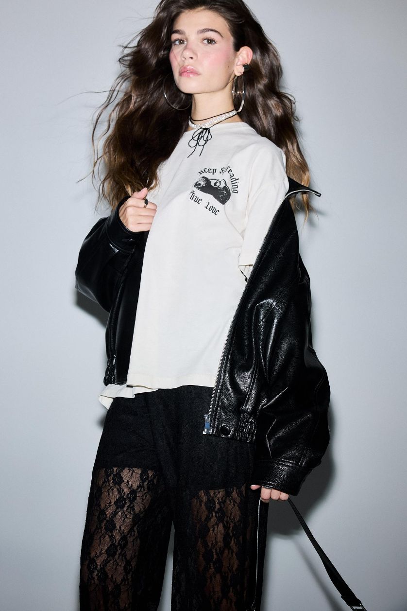 Kadın Ekru %100 Pamuk Oversıze Sırt Baskılı Tişört