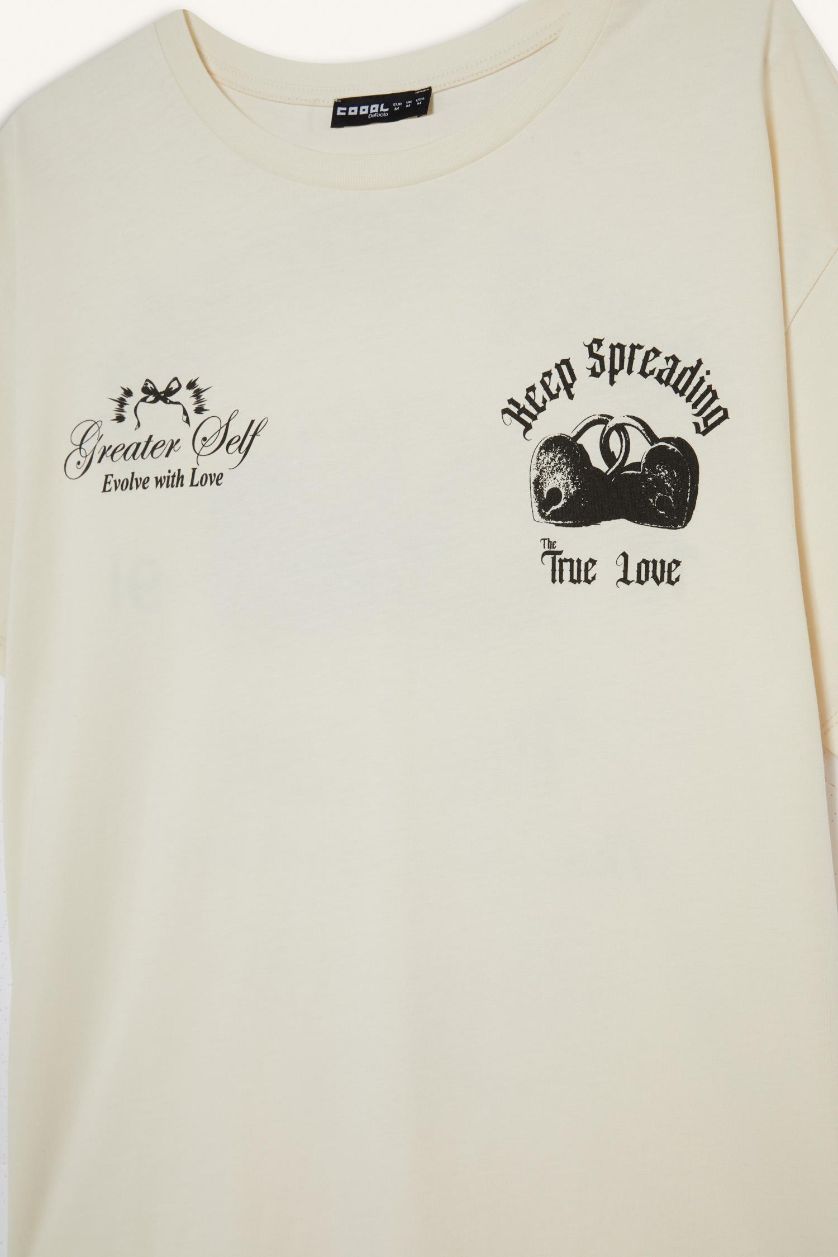 Kadın Ekru %100 Pamuk Oversıze Sırt Baskılı Tişört