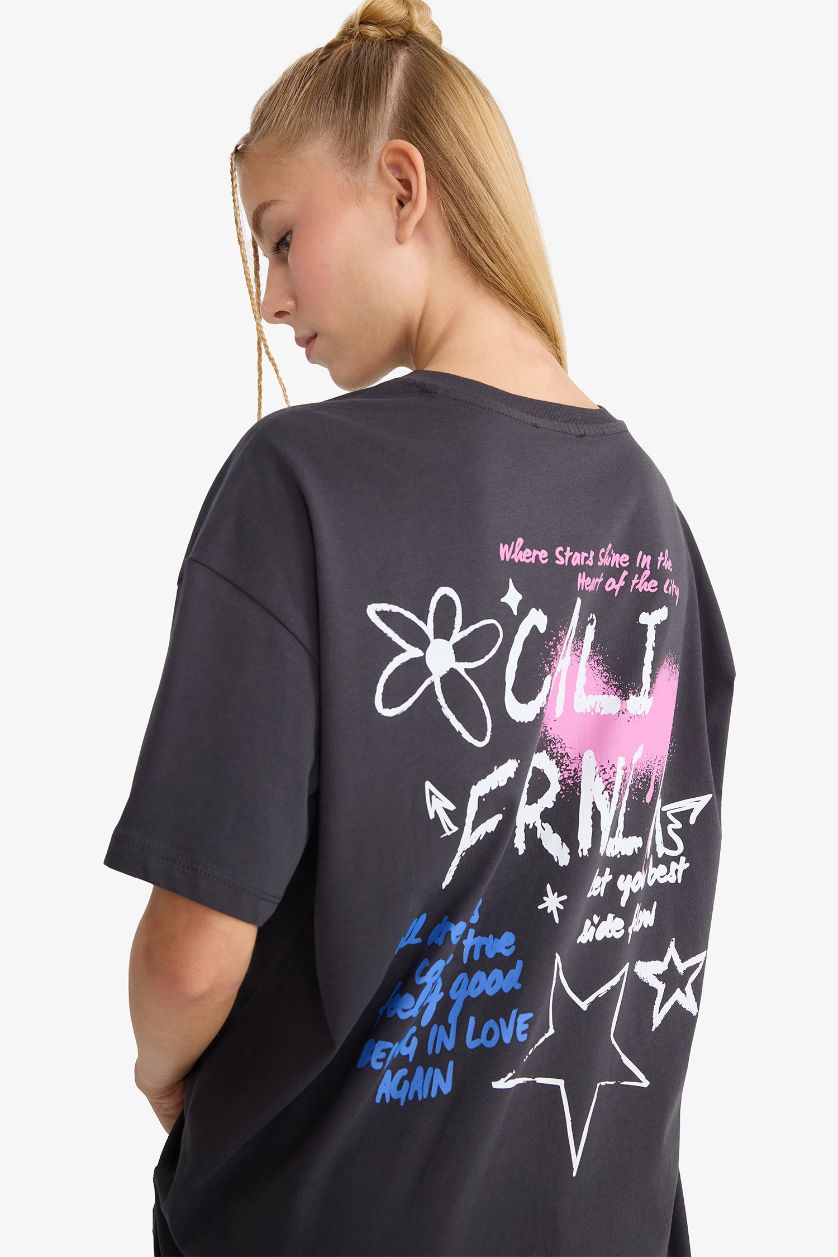 FEMME Anthracite T-shirt Oversize imprimé au dos à col rond et manches courtes