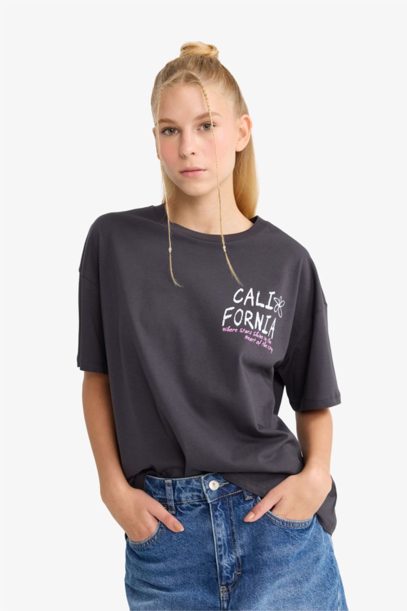 FEMME Anthracite T-shirt Oversize imprimé au dos à col rond et manches courtes
