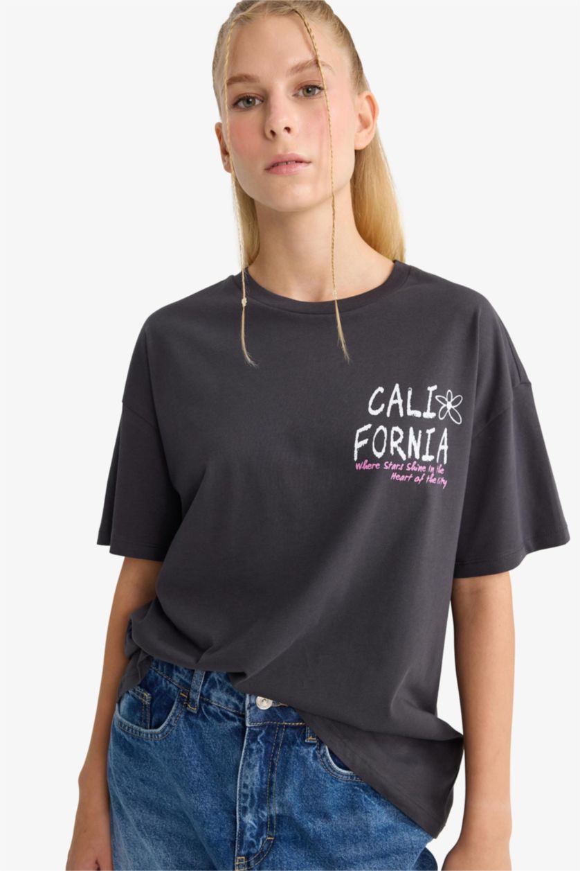 FEMME Anthracite T-shirt Oversize imprimé au dos à col rond et manches courtes