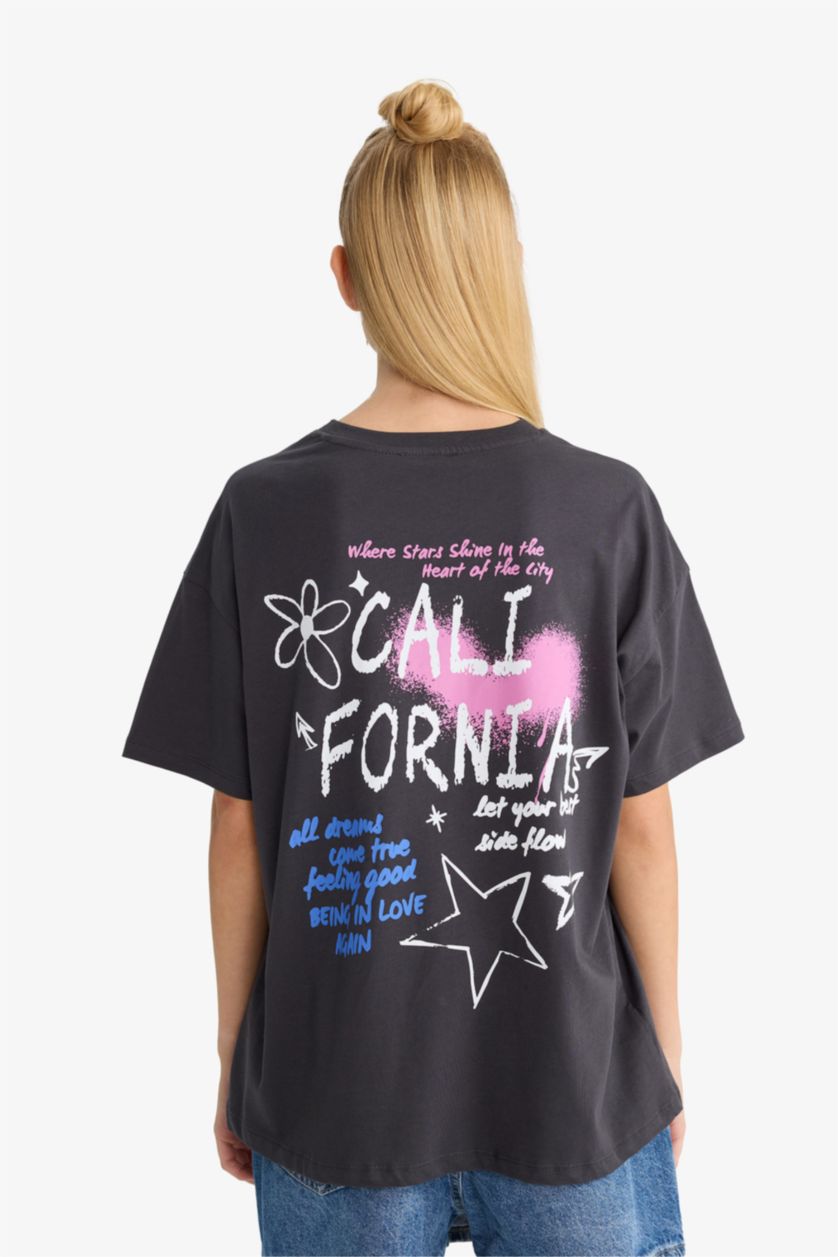 FEMME Anthracite T-shirt Oversize imprimé au dos à col rond et manches courtes