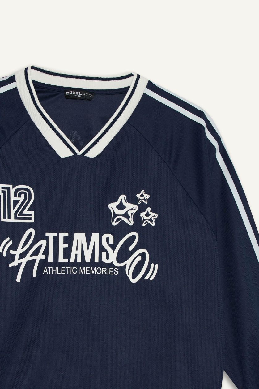 Kadın Lacivert Oversize Geniş Kalıp V Yaka Baskılı Uzun Kollu Tişört