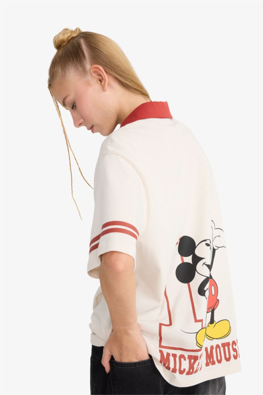 Kadın Taş Disney Mickey & Minnie Oversize Geniş Kalıp Polo Yaka Sırt Baskılı Kısa Kollu Tişört