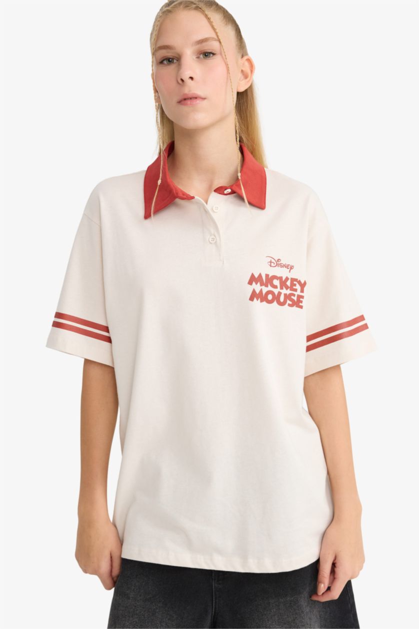 Kadın Taş Disney Mickey & Minnie Oversize Geniş Kalıp Polo Yaka Sırt Baskılı Kısa Kollu Tişört