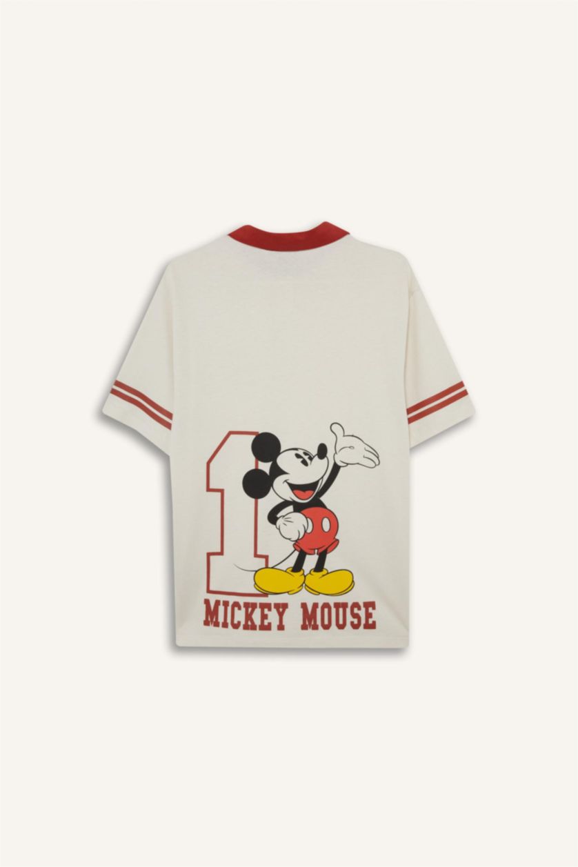 Kadın Taş Disney Mickey & Minnie Oversize Geniş Kalıp Polo Yaka Sırt Baskılı Kısa Kollu Tişört