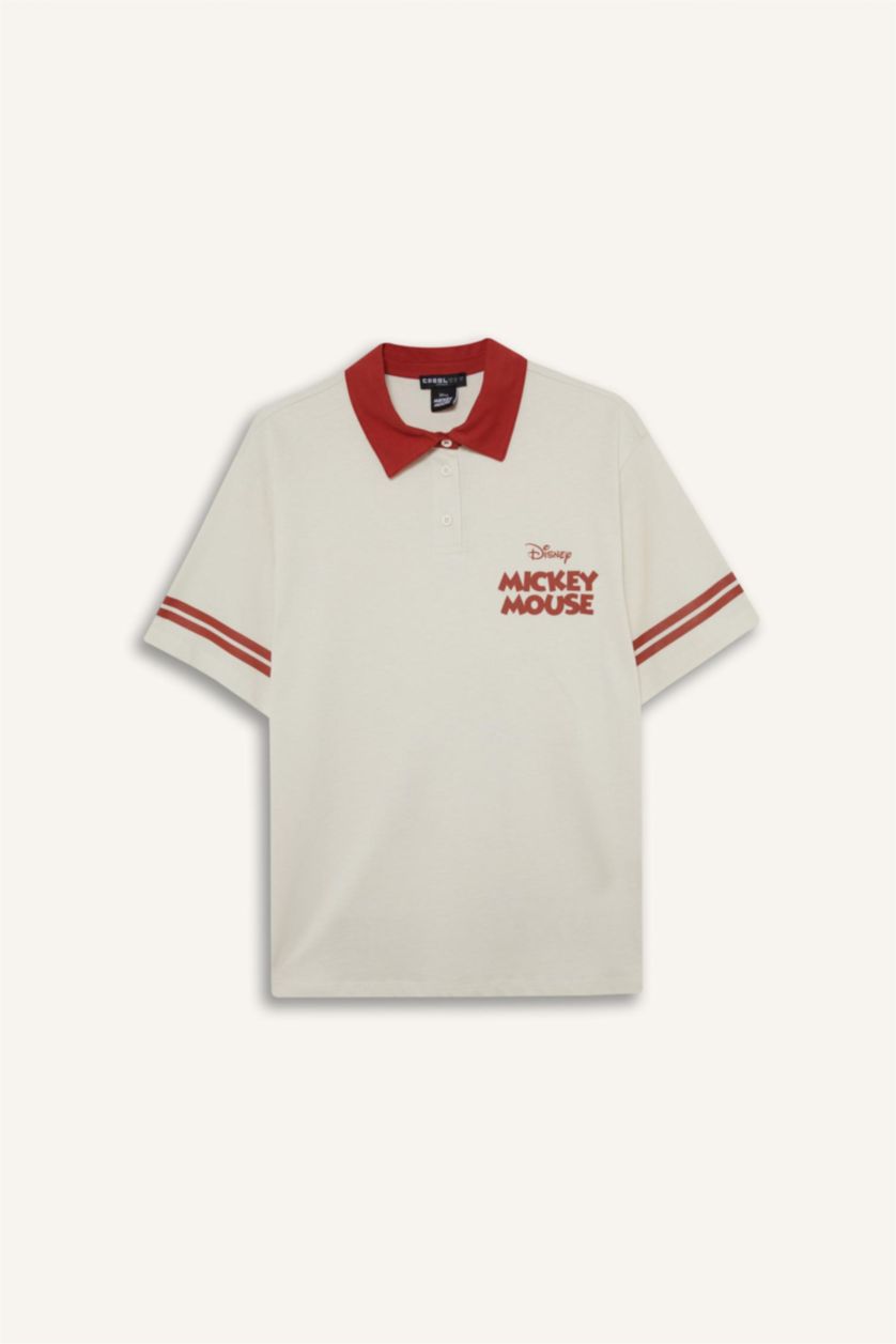 Kadın Taş Disney Mickey & Minnie Oversize Geniş Kalıp Polo Yaka Sırt Baskılı Kısa Kollu Tişört