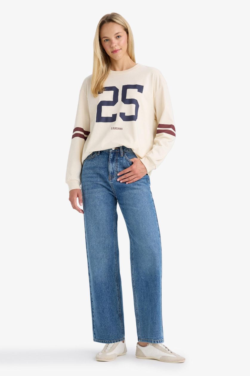 WOMAN Light Stone Loose Fit Printed Long Sleeve Sweatshirt