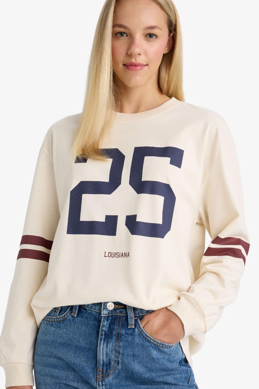 WOMAN Light Stone Loose Fit Printed Long Sleeve Sweatshirt
