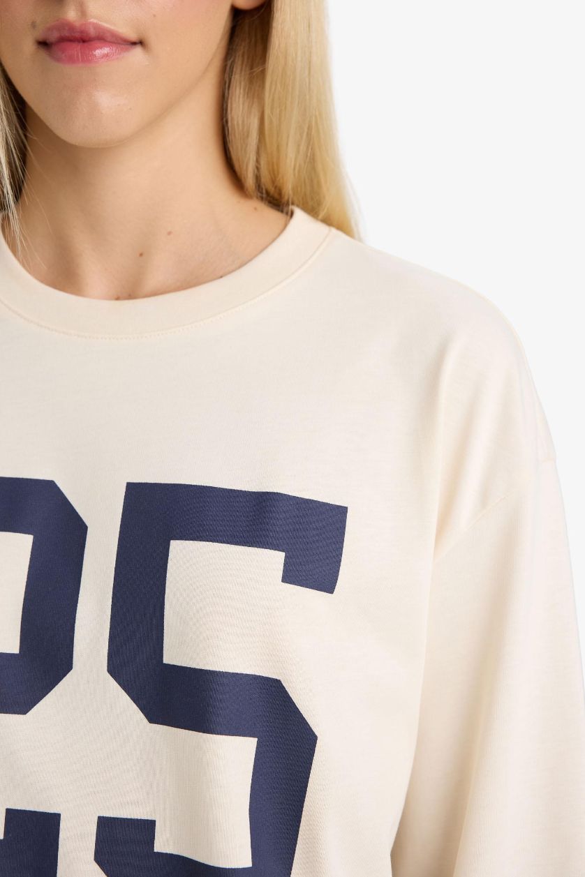 WOMAN Light Stone Loose Fit Printed Long Sleeve Sweatshirt