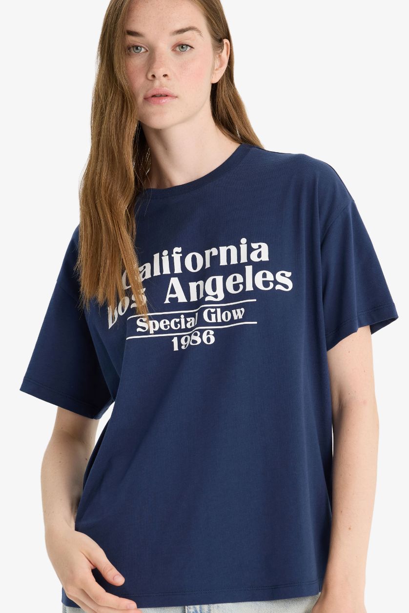 Woman NAVY Oversize Fit Crew Neck Printed T-Shirt