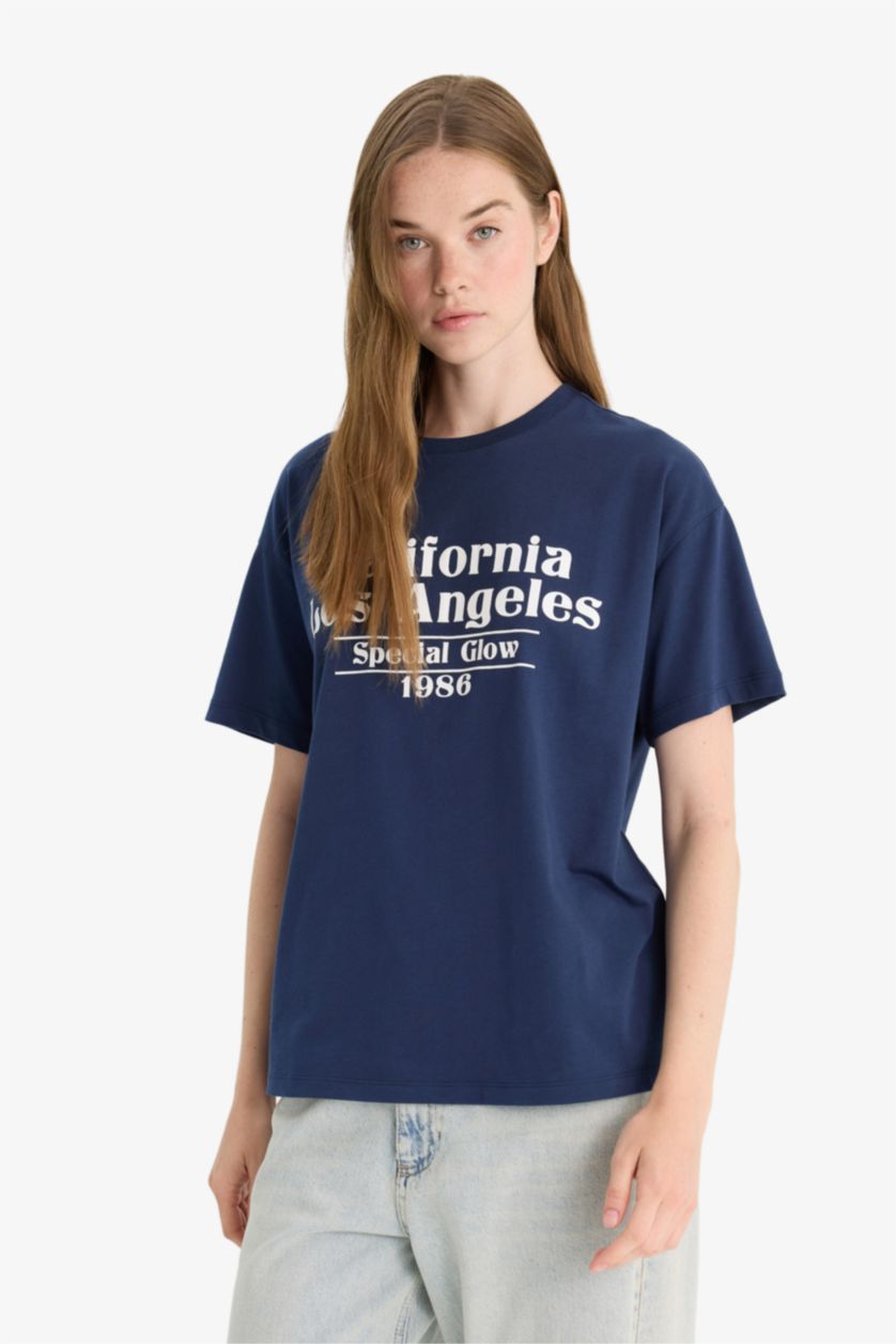 Woman NAVY Oversize Fit Crew Neck Printed T-Shirt