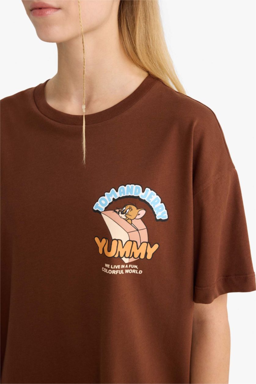 Kadın Kahve Tom & Jerry Oversize Geniş Kalıp Bisiklet Yaka Sırt Baskılı Kısa Kollu Tişört