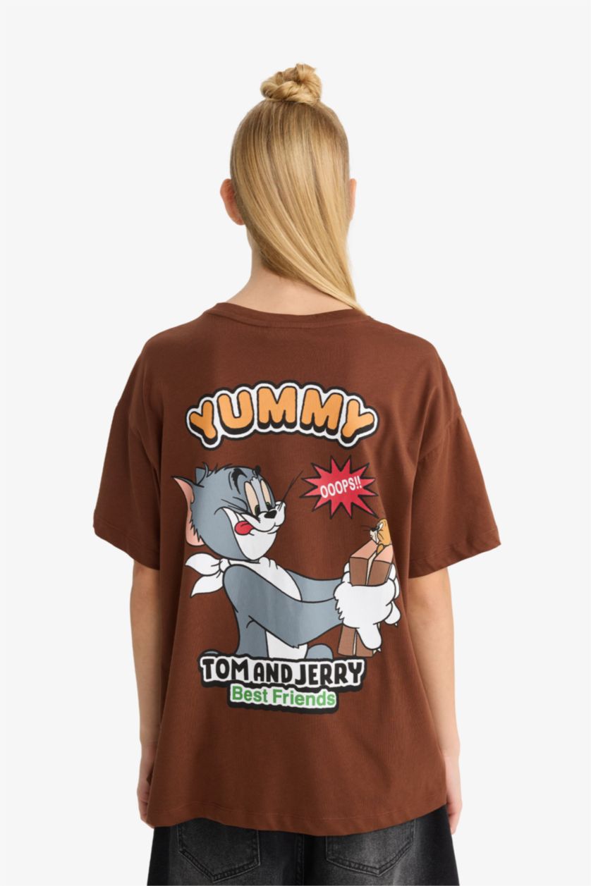 Kadın Kahve Tom & Jerry Oversize Geniş Kalıp Bisiklet Yaka Sırt Baskılı Kısa Kollu Tişört