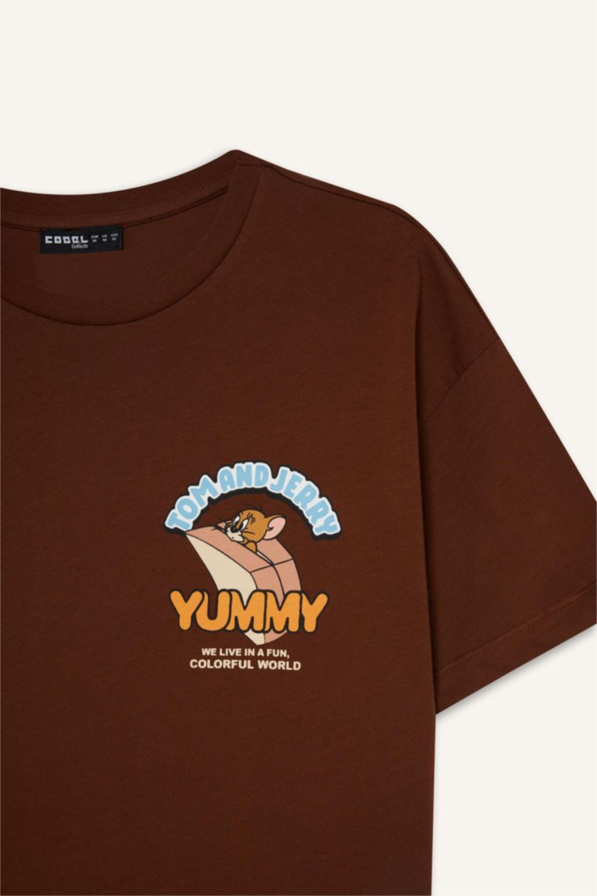 Kadın Kahve Tom & Jerry Oversize Geniş Kalıp Bisiklet Yaka Sırt Baskılı Kısa Kollu Tişört