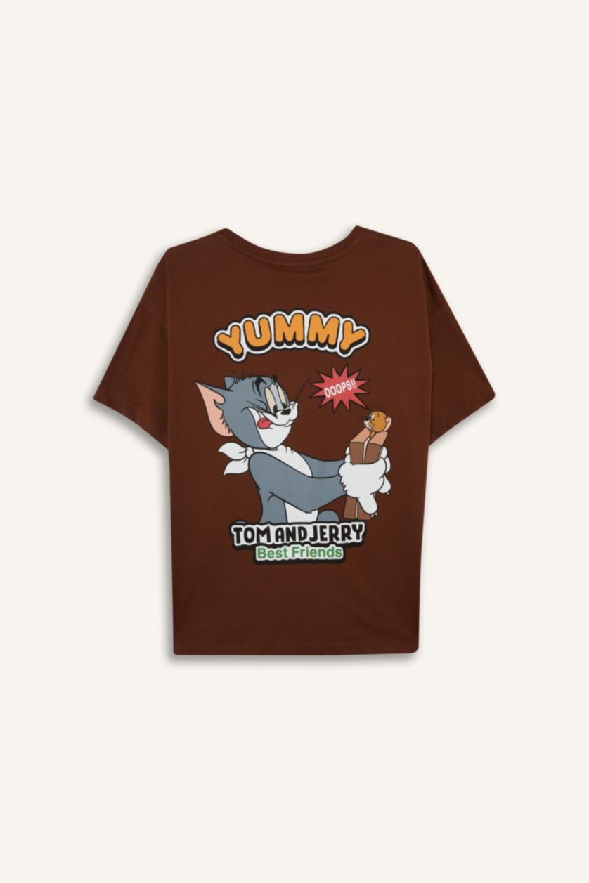 Kadın Kahve Tom & Jerry Oversize Geniş Kalıp Bisiklet Yaka Sırt Baskılı Kısa Kollu Tişört