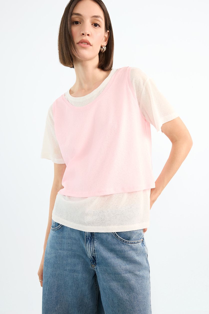 Woman Pink Oversize Fit Short Sleeve 2 Piece T-Shirt