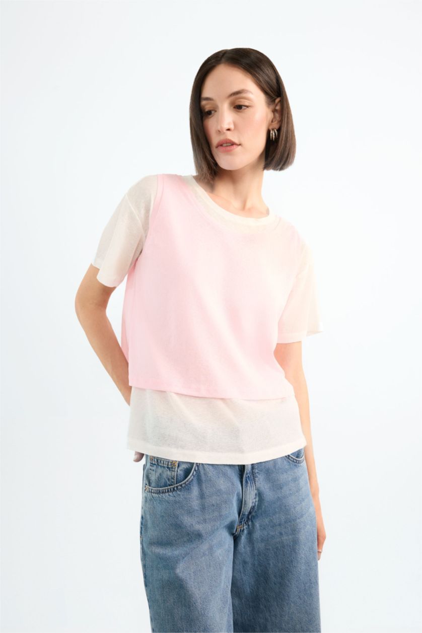 Woman Pink Oversize Fit Short Sleeve 2 Piece T-Shirt