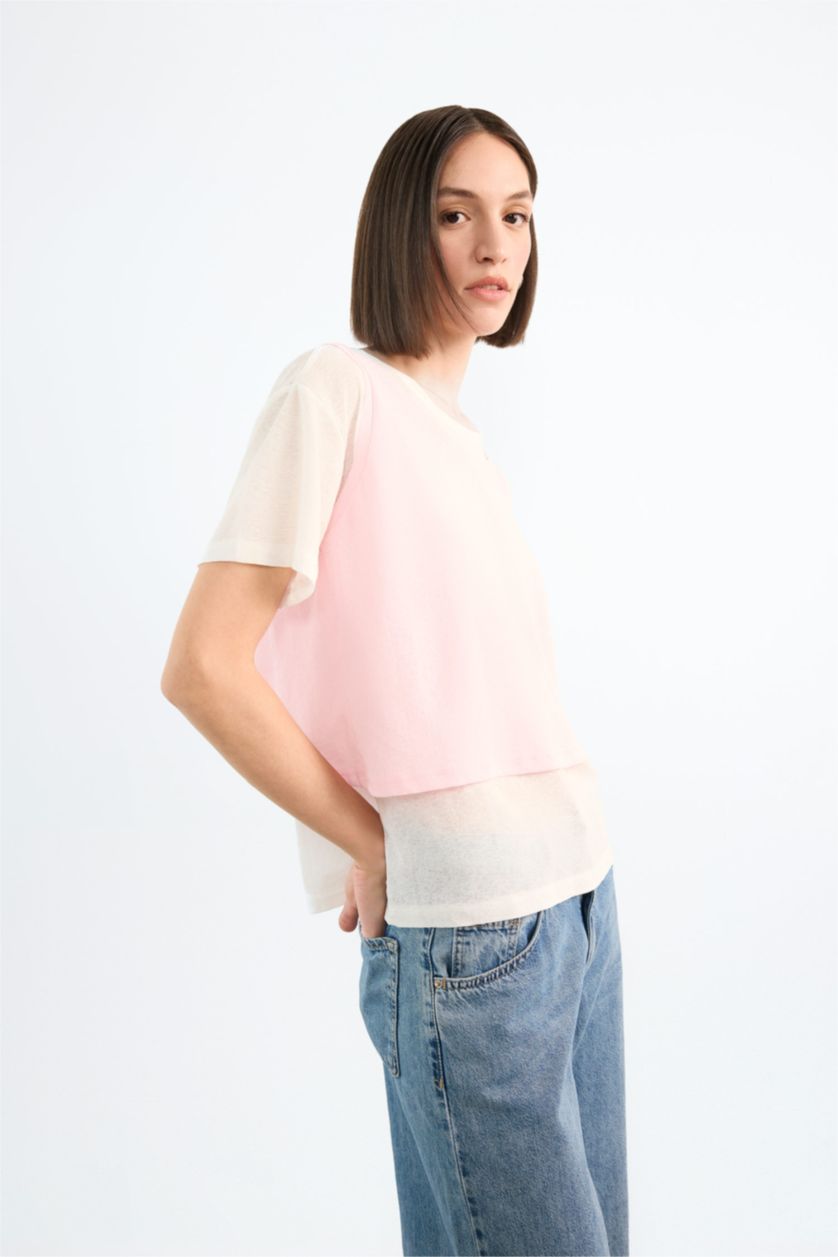 Woman Pink Oversize Fit Short Sleeve 2 Piece T-Shirt
