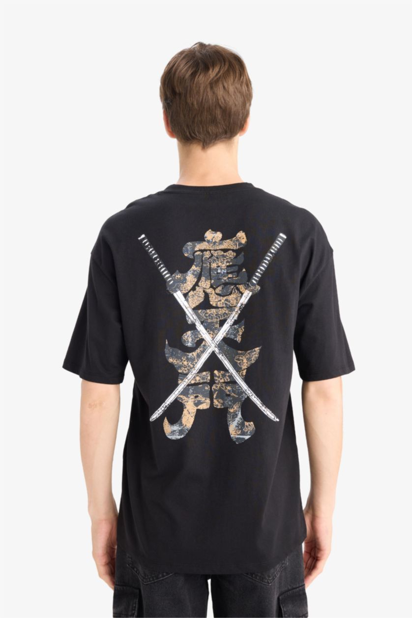 Erkek Siyah %100 Pamuk Sırt Baskılı Tişört