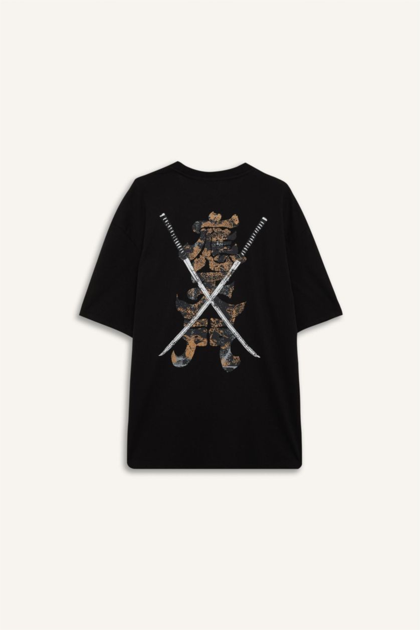 Erkek Siyah %100 Pamuk Sırt Baskılı Tişört