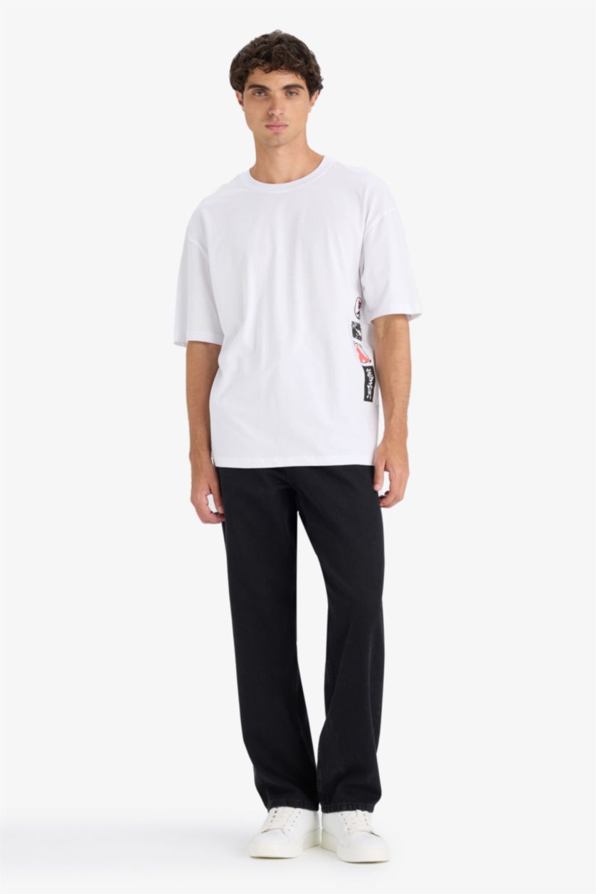 Erkek Beyaz %100 Pamuk Boxy Fit Bisiklet Yaka Baskılı Kısa Kollu Tişört