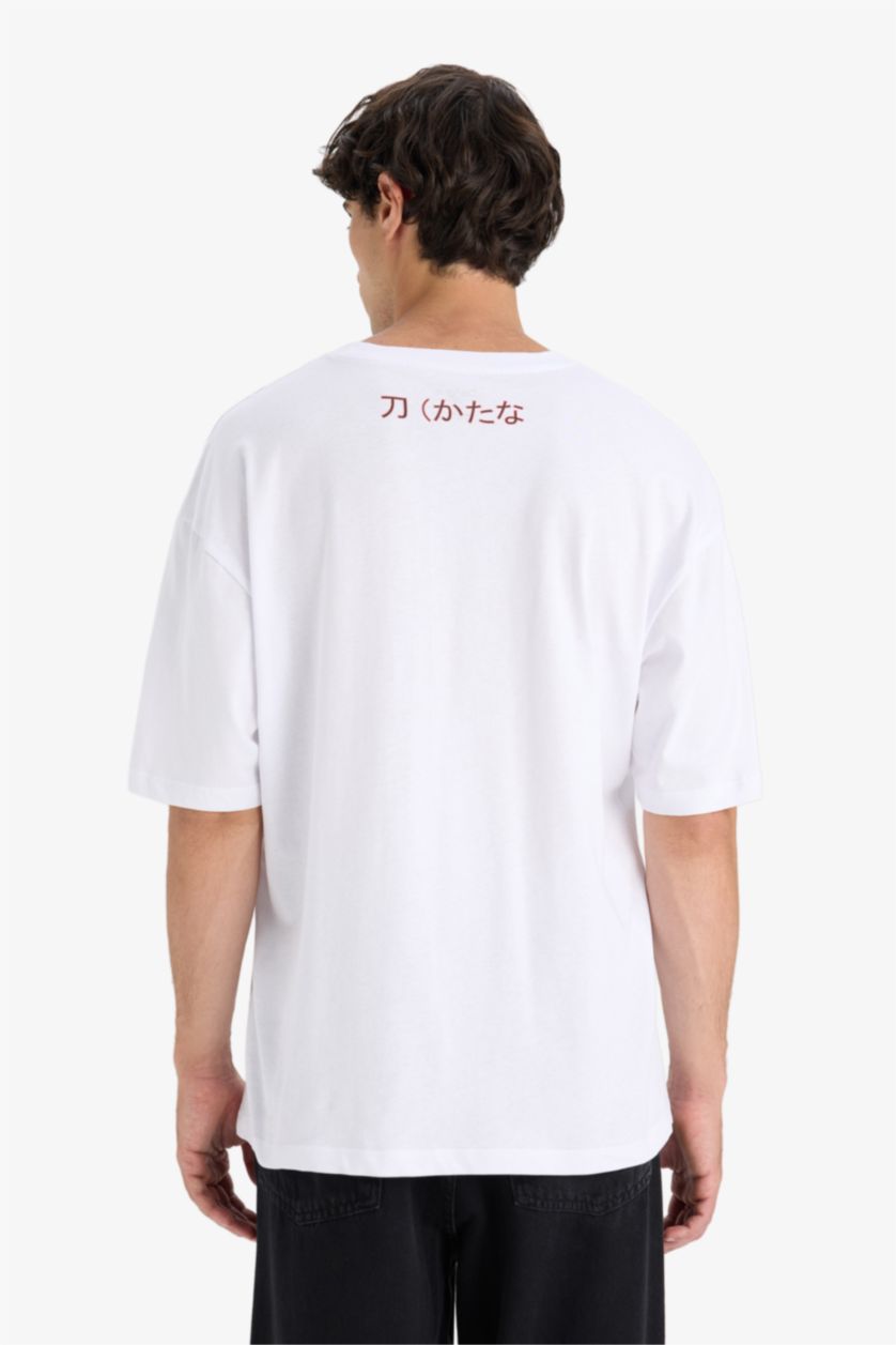 Erkek Beyaz %100 Pamuk Boxy Fit Bisiklet Yaka Baskılı Kısa Kollu Tişört