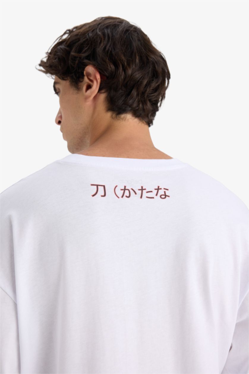 Erkek Beyaz %100 Pamuk Boxy Fit Bisiklet Yaka Baskılı Kısa Kollu Tişört