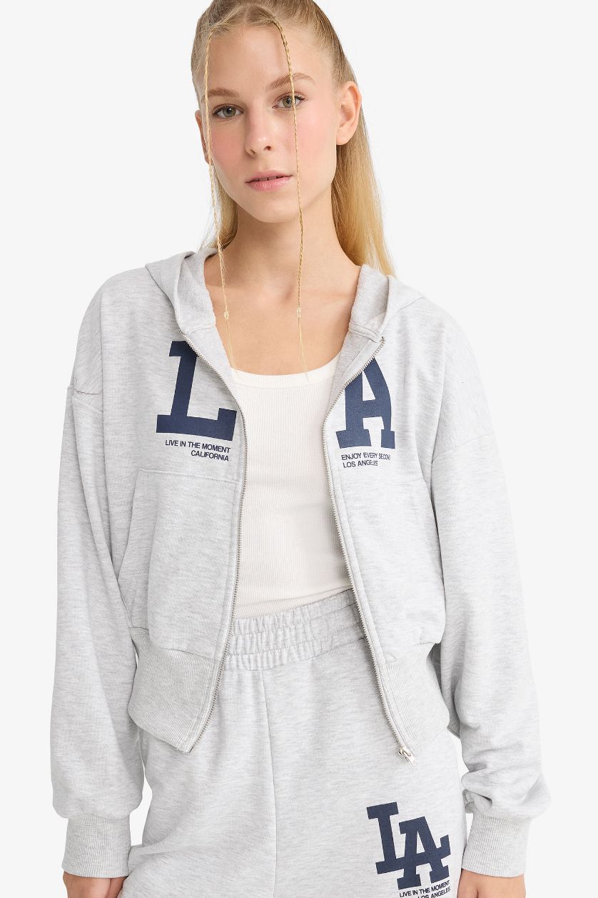 Kadın Gri Melanj Cropped Fit Kapüşonlu Baskılı Fermuarlı Sweatshirt