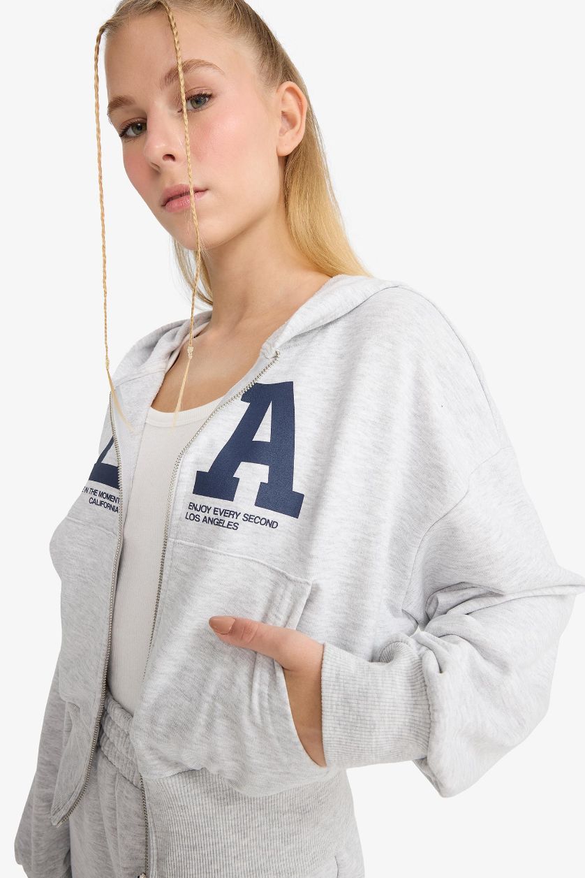 Kadın Gri Melanj Cropped Fit Kapüşonlu Baskılı Fermuarlı Sweatshirt
