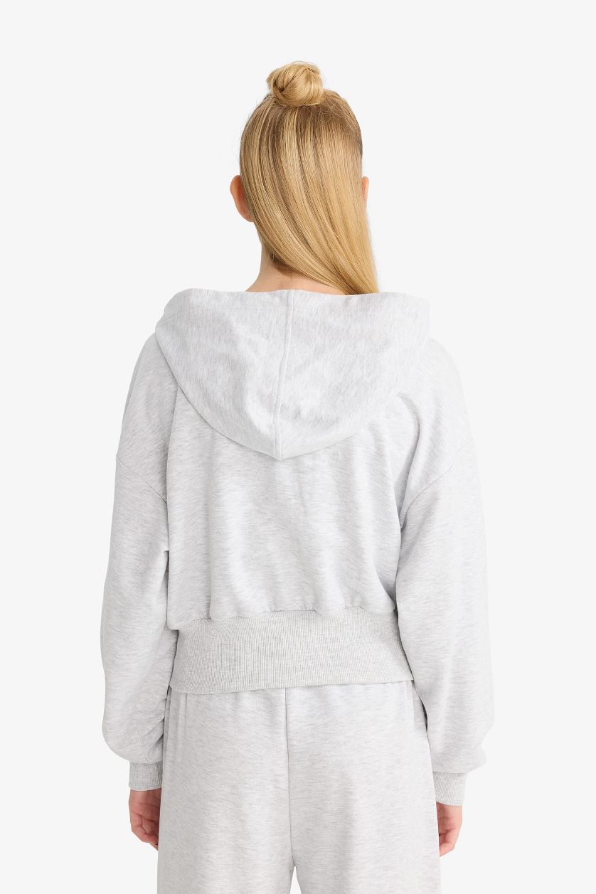 Kadın Gri Melanj Cropped Fit Kapüşonlu Baskılı Fermuarlı Sweatshirt