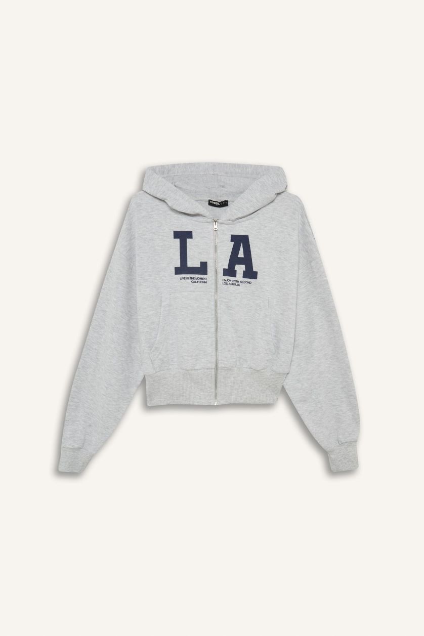 Kadın Gri Melanj Cropped Fit Kapüşonlu Baskılı Fermuarlı Sweatshirt