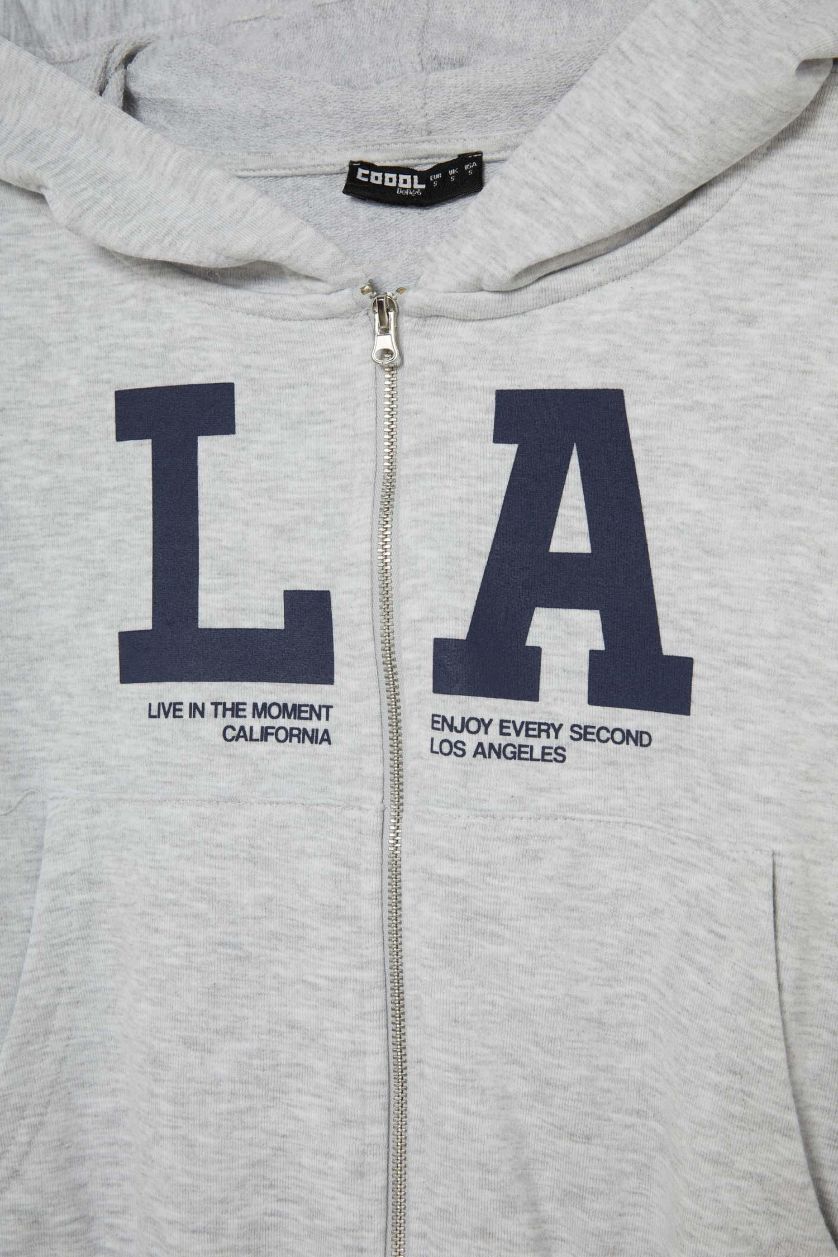 Kadın Gri Melanj Cropped Fit Kapüşonlu Baskılı Fermuarlı Sweatshirt