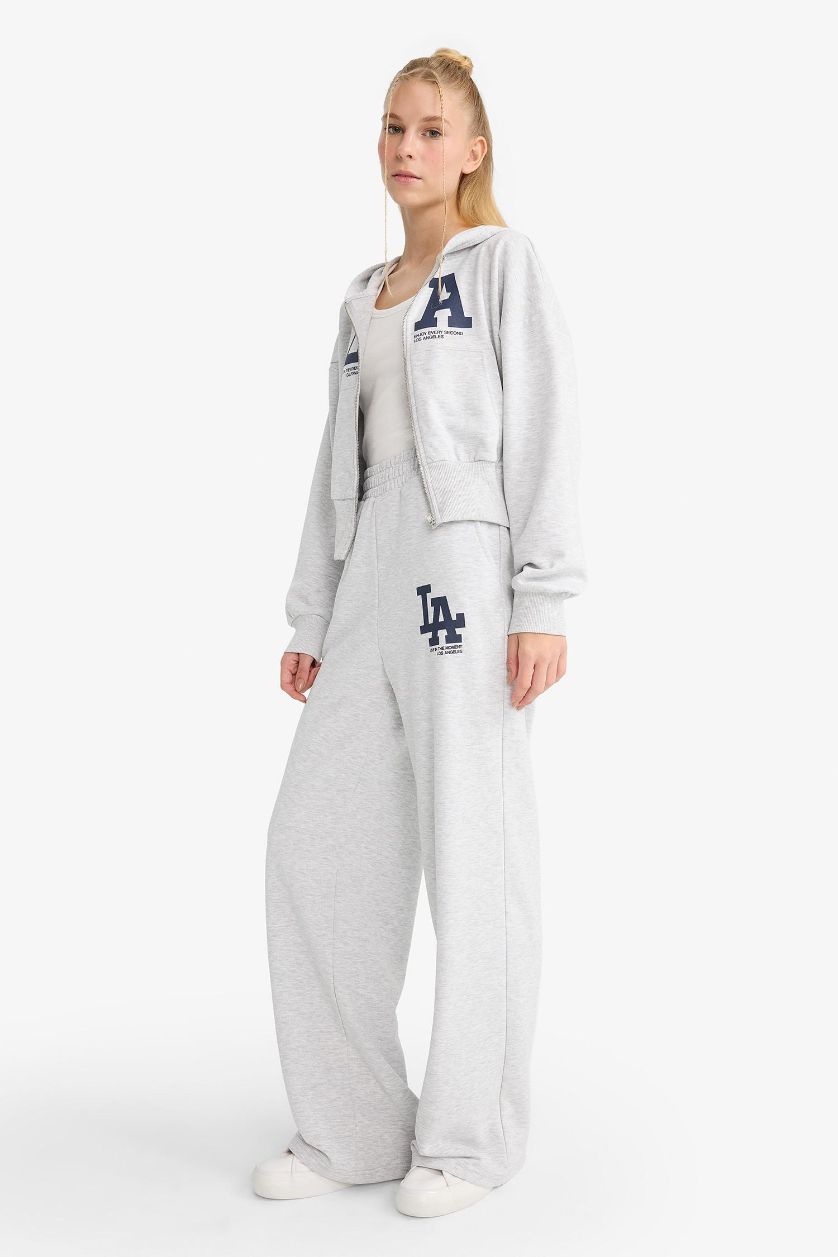 Kadın Gri Melanj Wide Leg Geniş Paça Beli Lastikli Baskılı Eşofman Altı