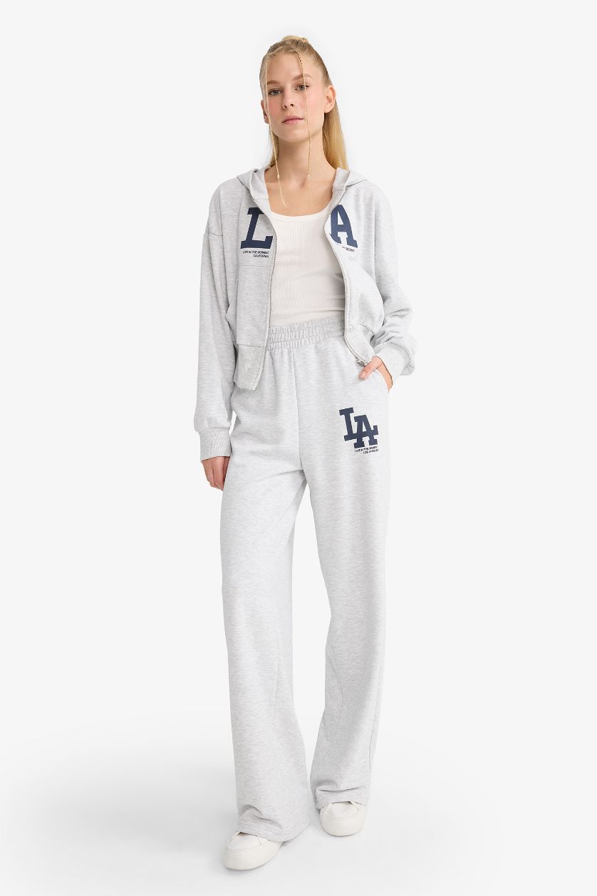 Kadın Gri Melanj Wide Leg Geniş Paça Beli Lastikli Baskılı Eşofman Altı