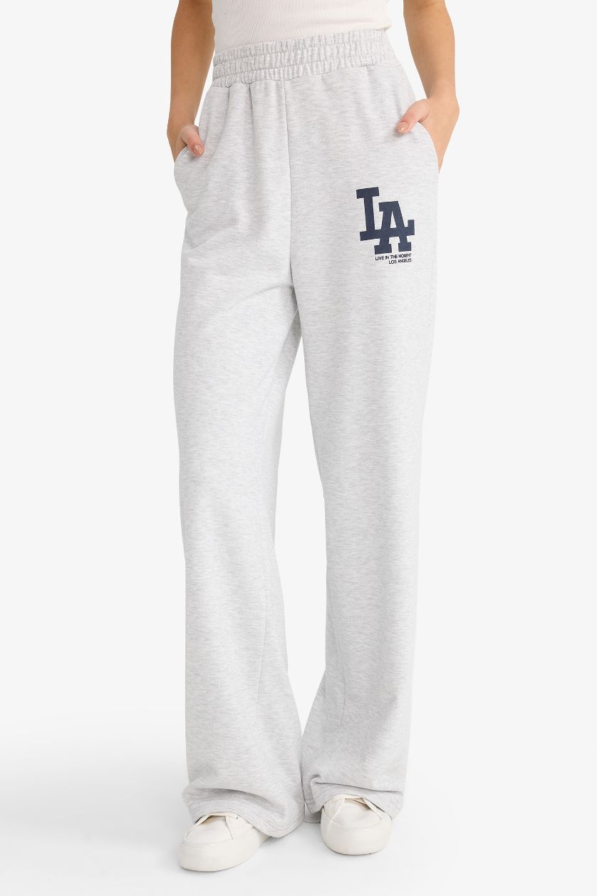 Kadın Gri Melanj Wide Leg Geniş Paça Beli Lastikli Baskılı Eşofman Altı