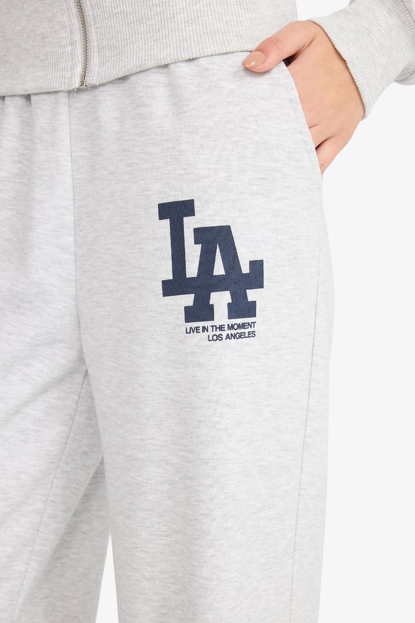 Kadın Gri Melanj Wide Leg Geniş Paça Beli Lastikli Baskılı Eşofman Altı