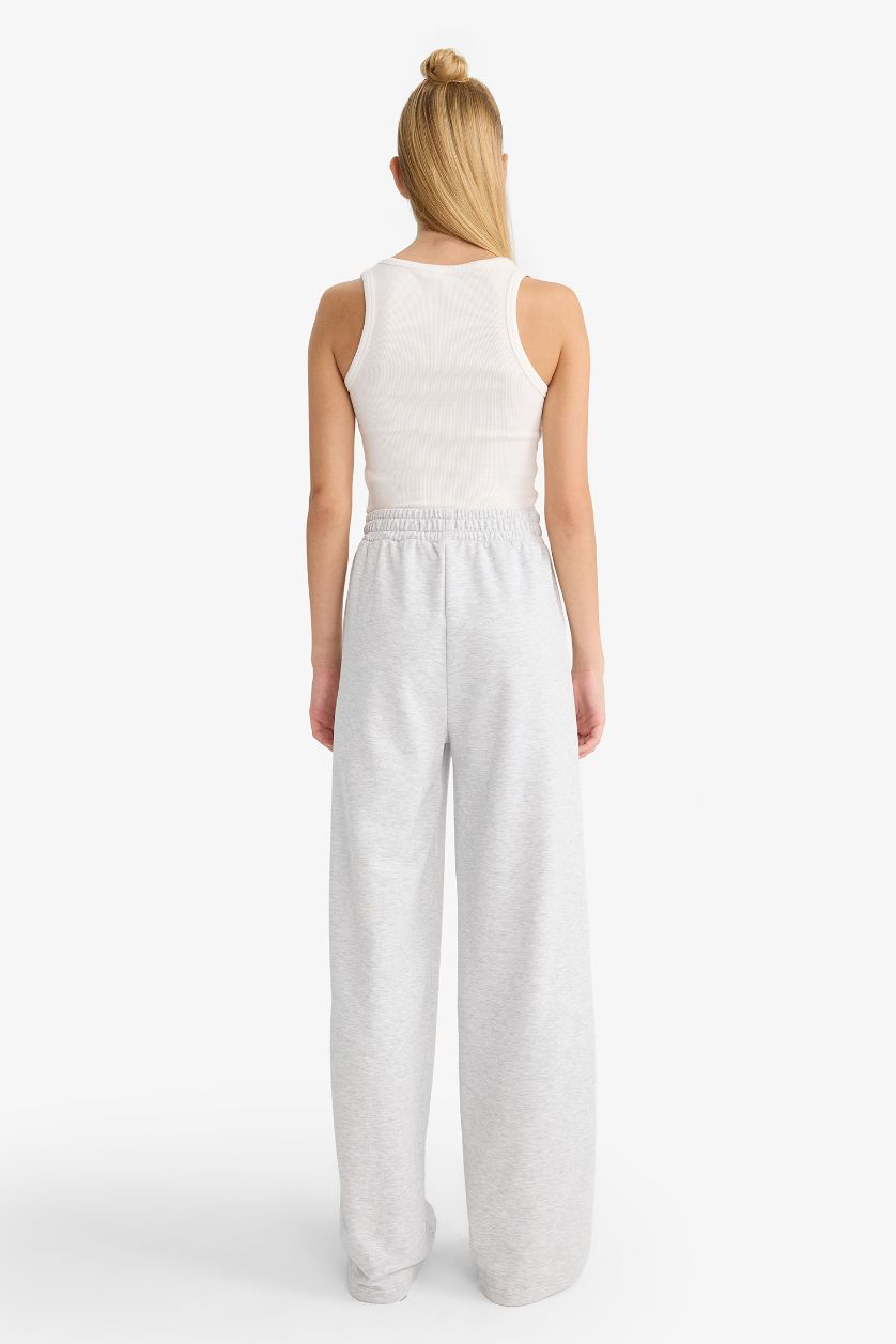 Kadın Gri Melanj Wide Leg Geniş Paça Beli Lastikli Baskılı Eşofman Altı