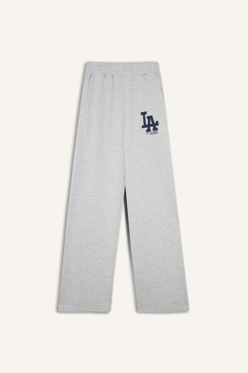 Kadın Gri Melanj Wide Leg Geniş Paça Beli Lastikli Baskılı Eşofman Altı