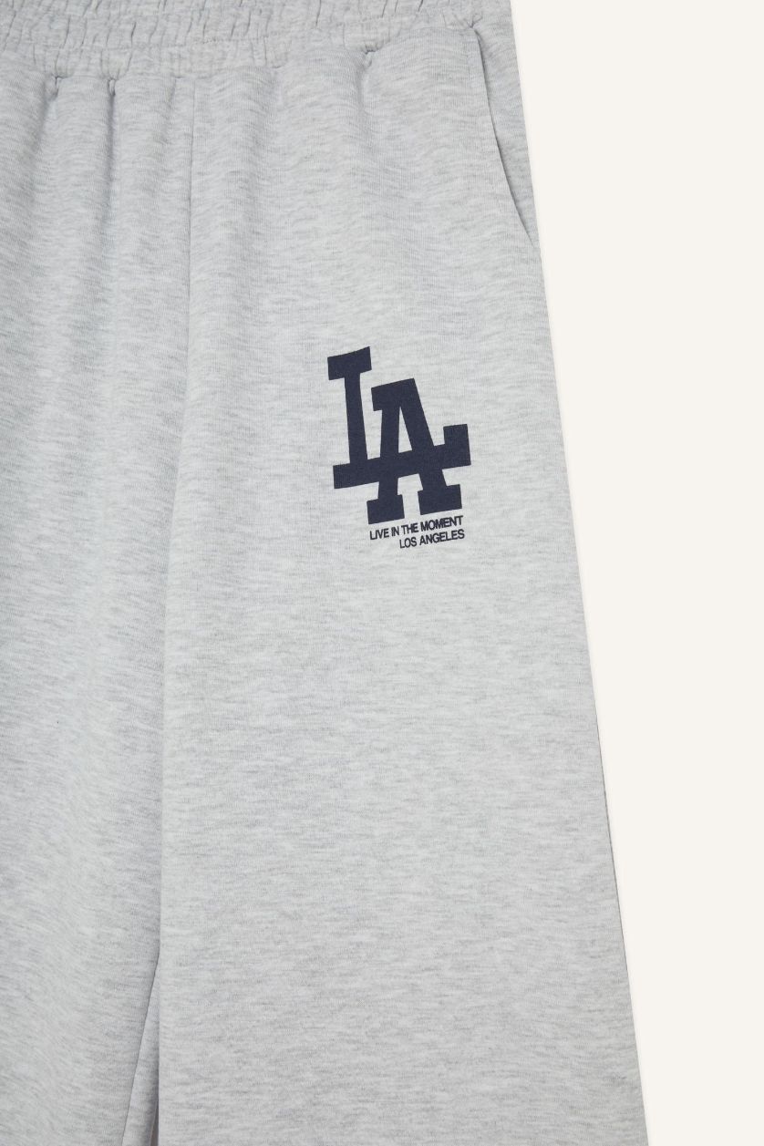 Kadın Gri Melanj Wide Leg Geniş Paça Beli Lastikli Baskılı Eşofman Altı