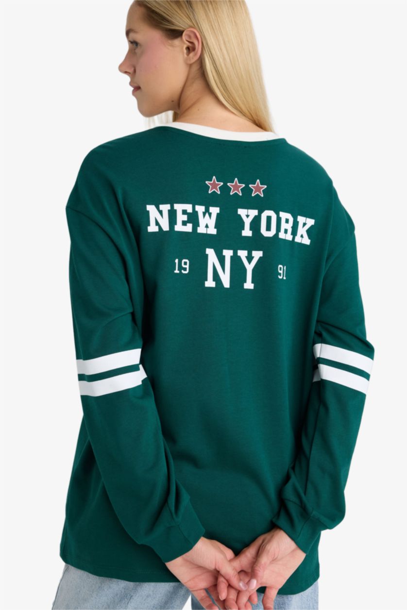 Kadın Yeşil %100 Pamuk Loose Fıt Sırt Baskılı Sweatshirt